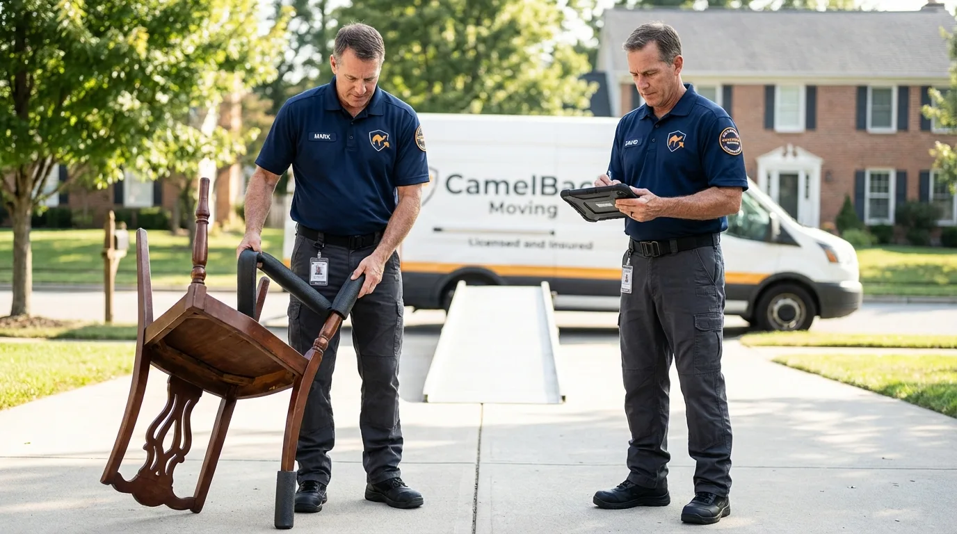Movers inspecting furniture for damage prevention before loading in Bedford, KY