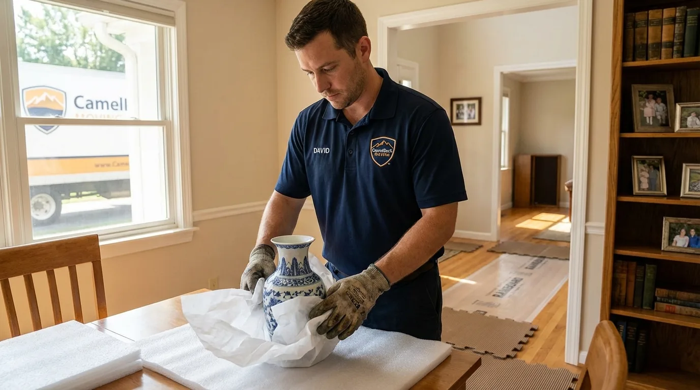 Professional crew carefully wrapping antique vase for senior downsizing move in Bedford, KY